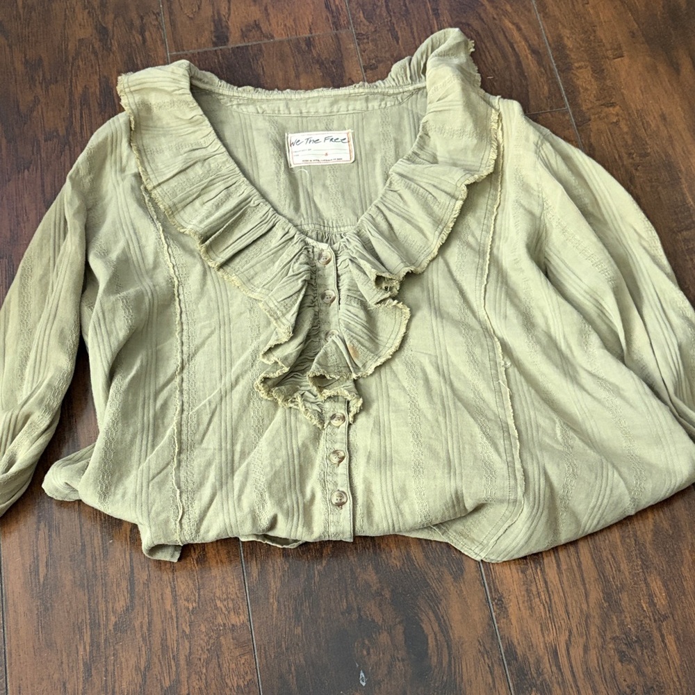 We The Free Olive Ruffle Blouse